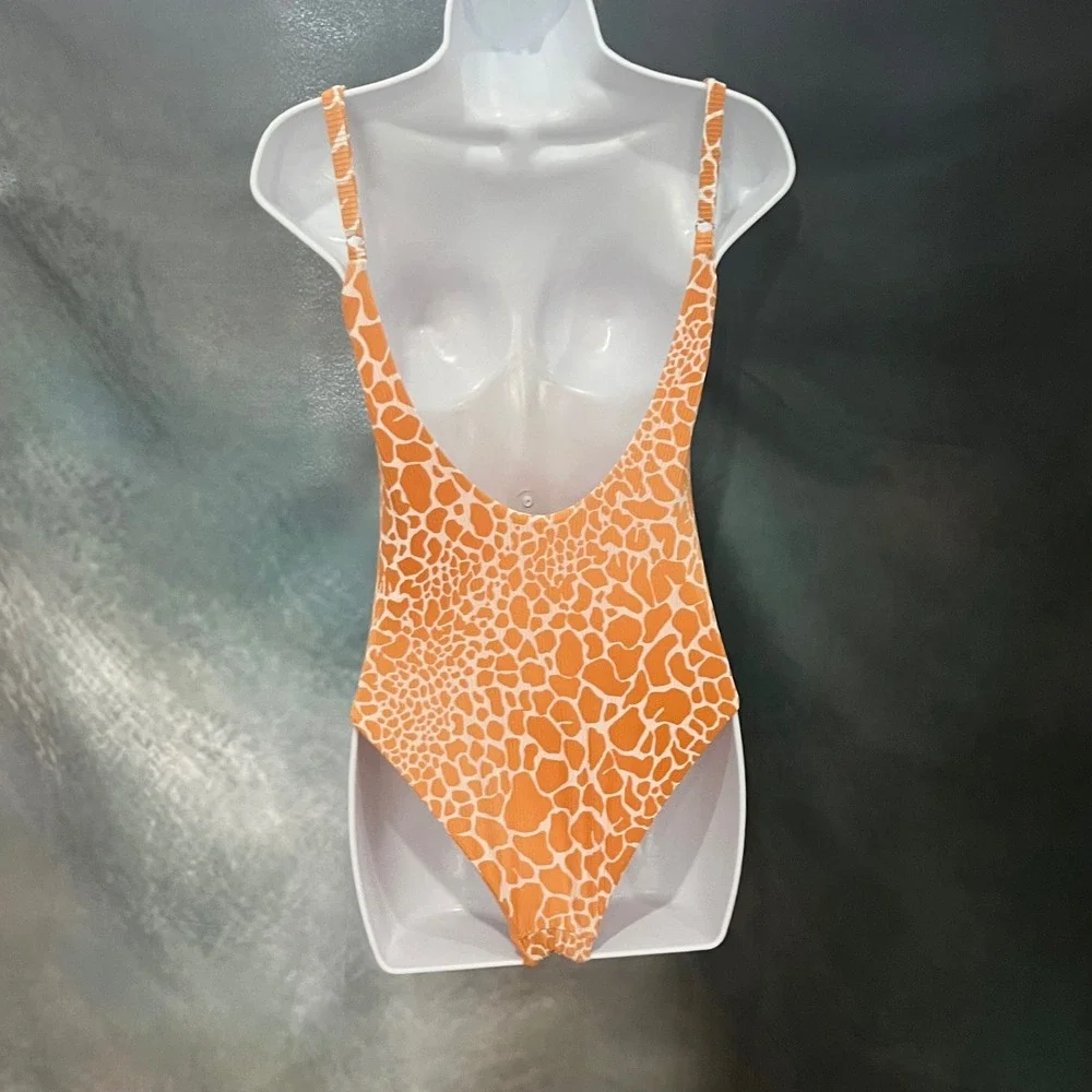 Tinibikini Orange‎ Giraffe Ribbed Lace Up One Piece Swimsuit Medium RN 151671